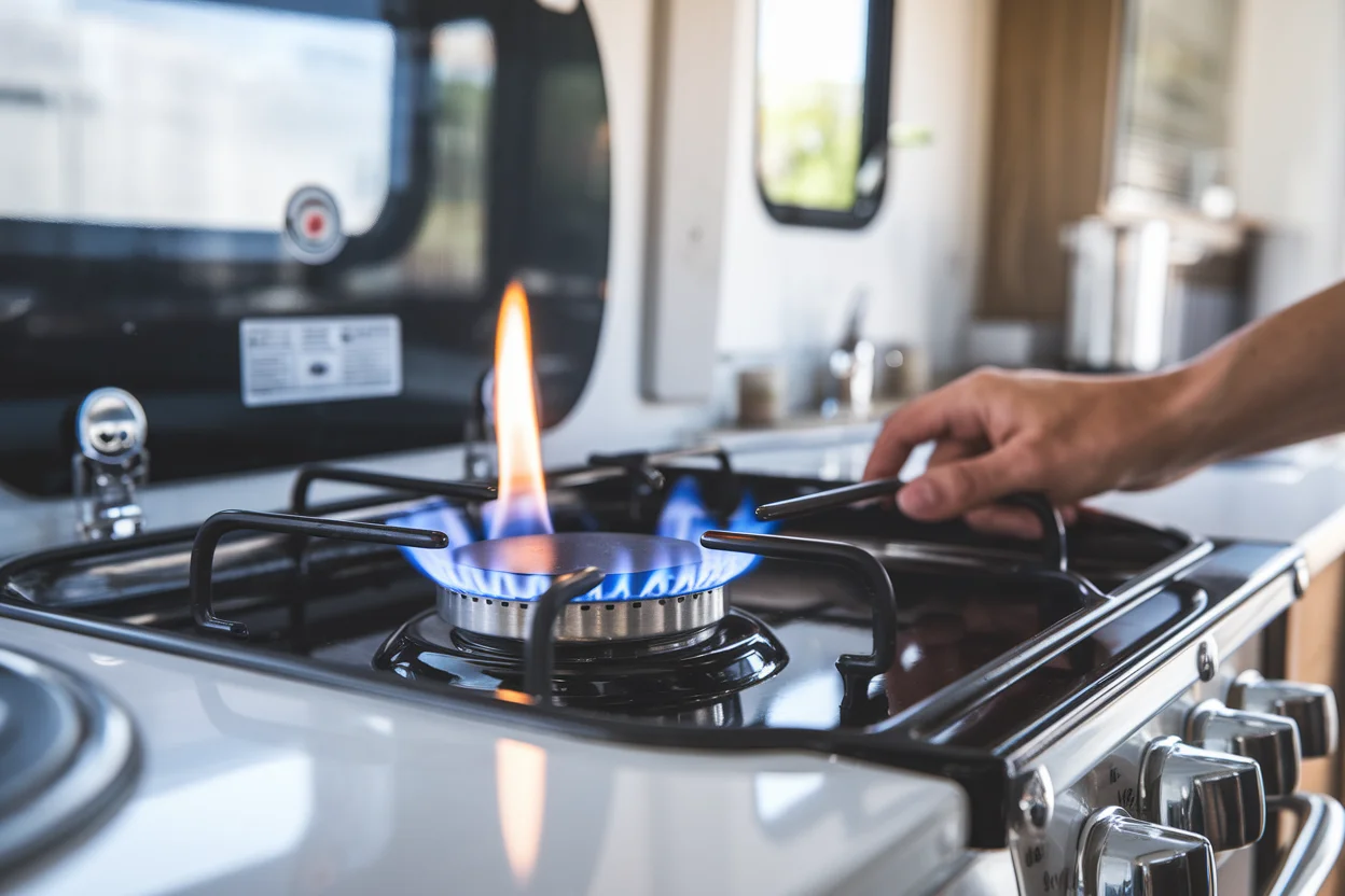 Testing RV propane stove burner with blue flame during pre-trip system check