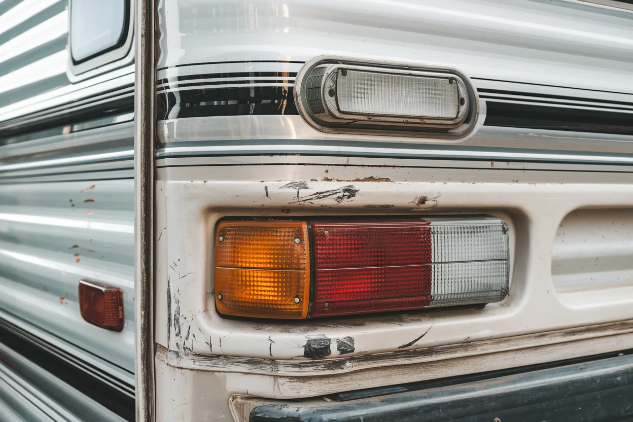 RV rear bumper showing common pre-existing scrapes and damage to document