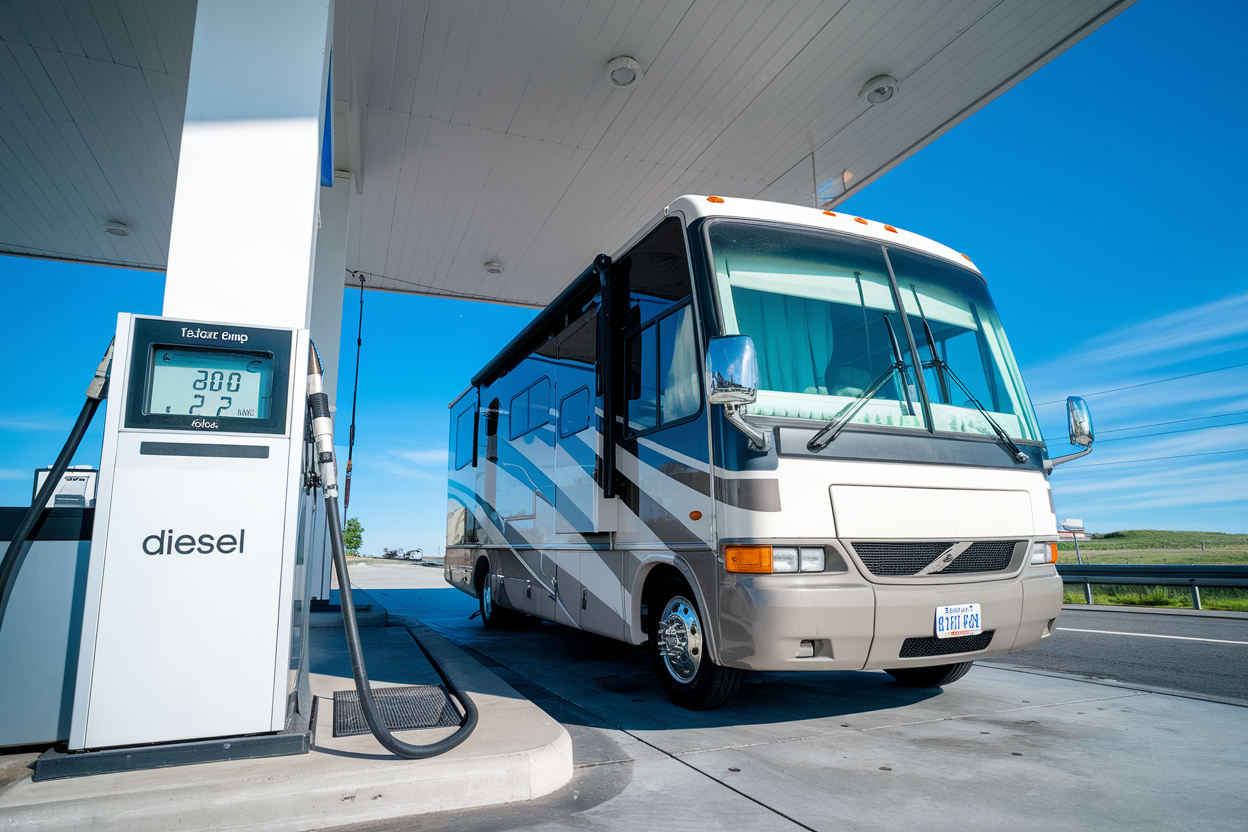 RV fueling at gas station showing fuel costs