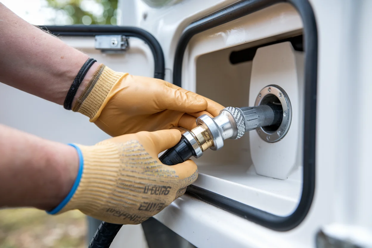 Proper technique for connecting RV sewer hose bayonet fitting to waste outlet