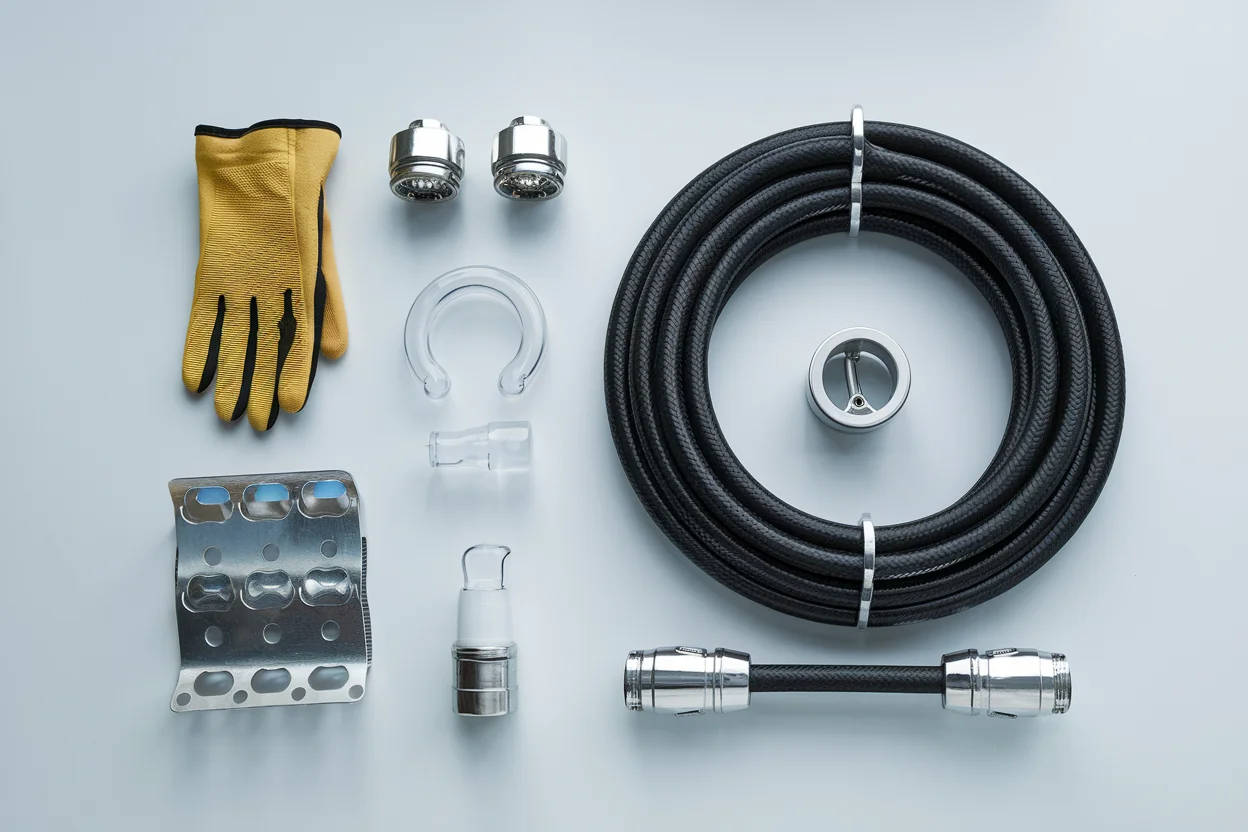 Complete RV sewer hose kit with bayonet fittings and clear elbow connector