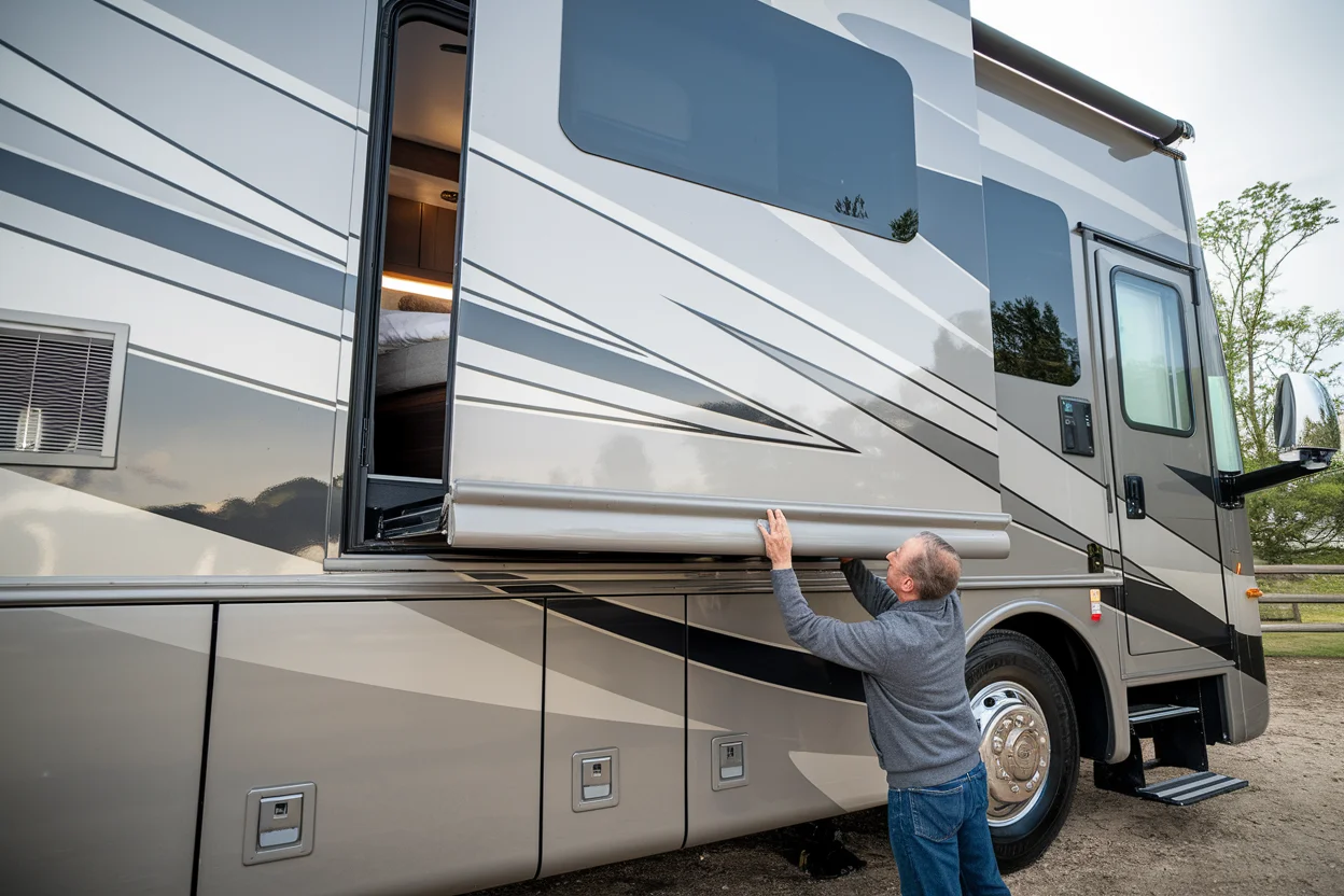 Inspecting RV slideout mechanism and seals for damage during pre-trip check