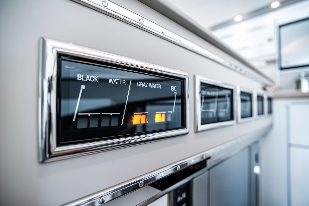 RV tank level monitor panel showing black, gray, and fresh water sensor readings
