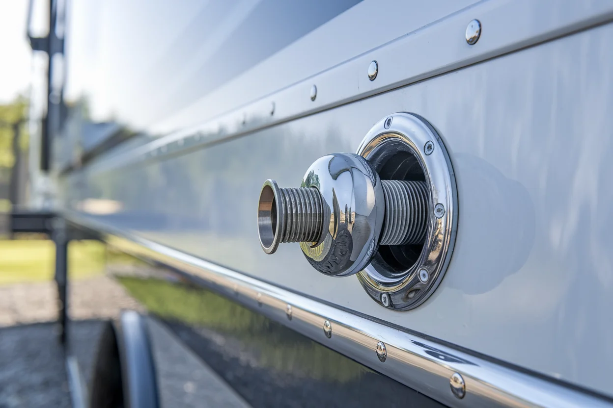 RV waste outlet termination cap prevents odors and leaks when sealed