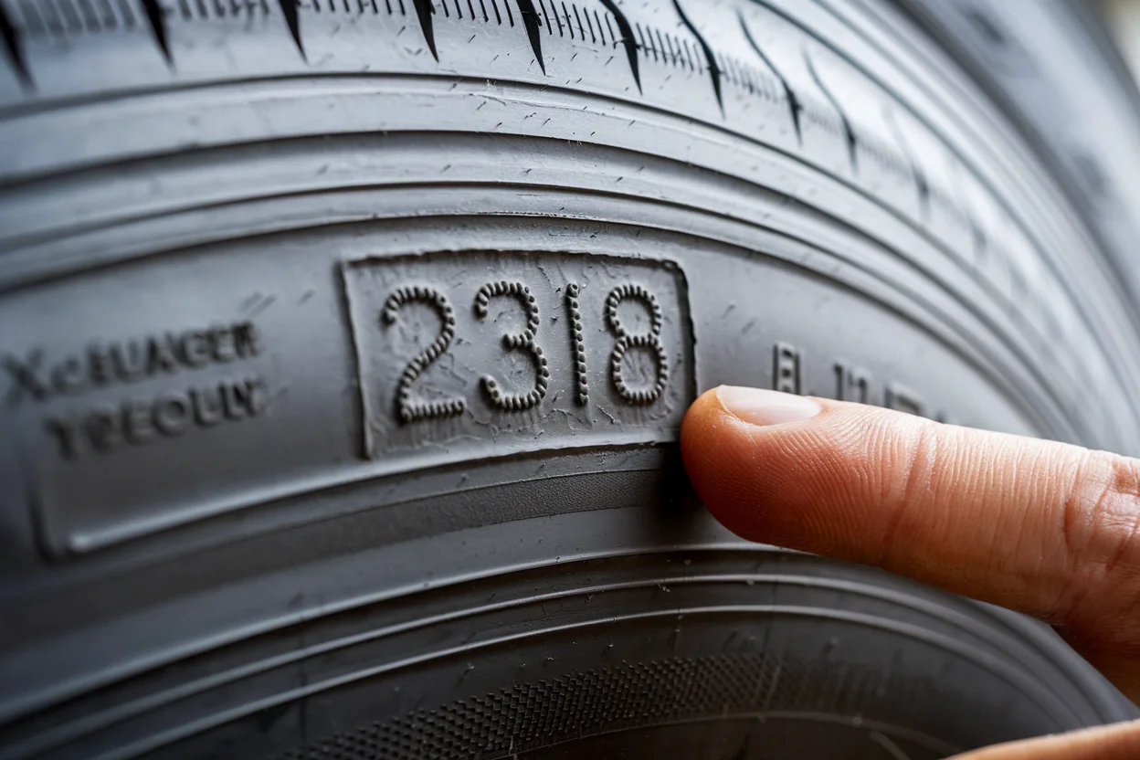 RV tire sidewall DOT date code showing manufacturing date for age verification