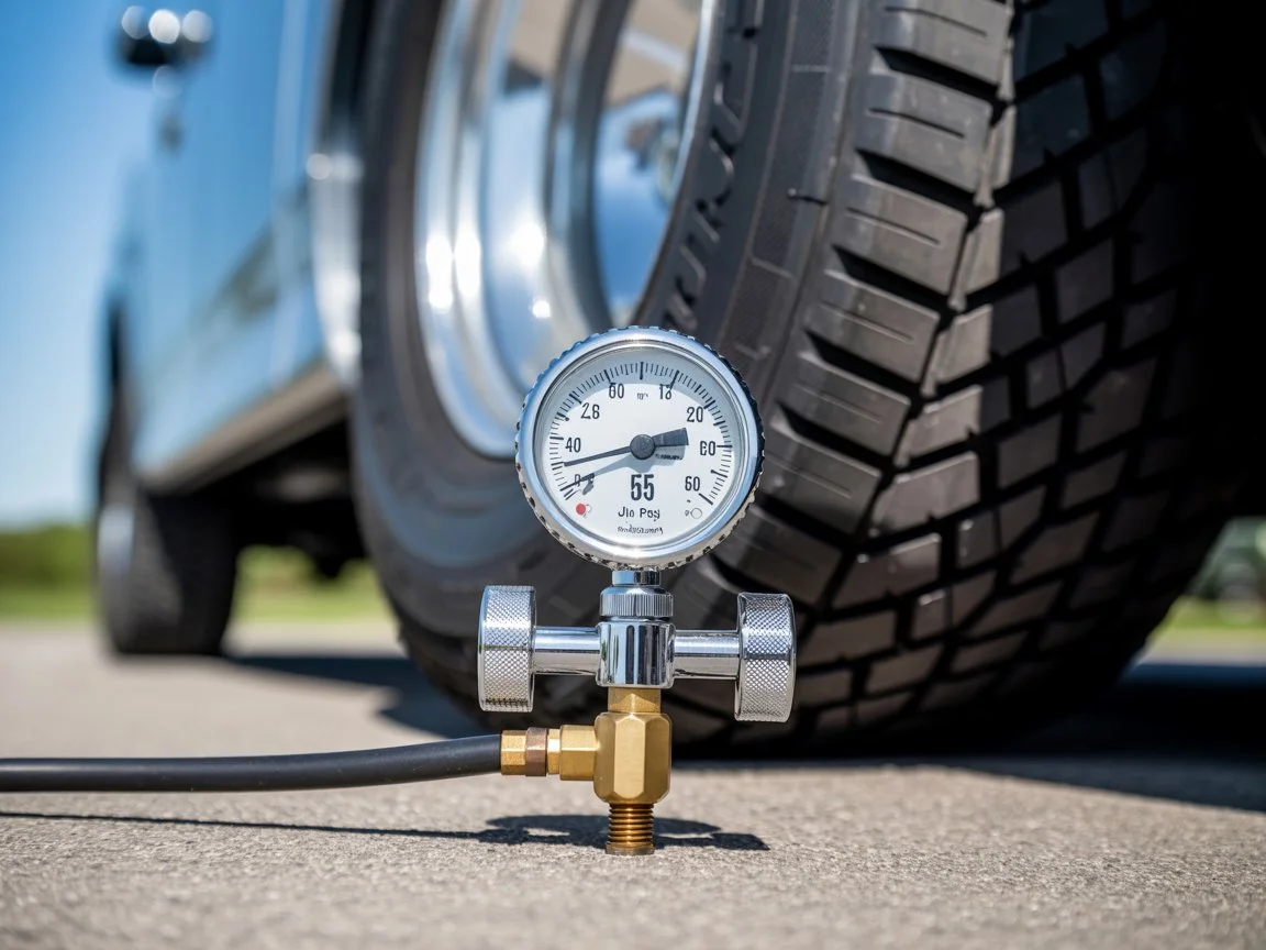 RV tire with pressure gauge showing proper PSI