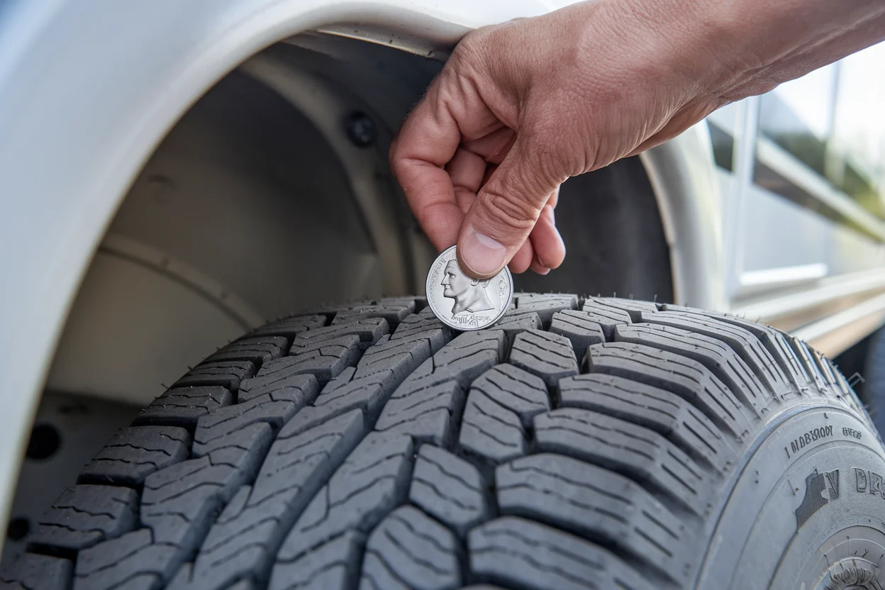 RV tire tread depth inspection using quarter coin test method
