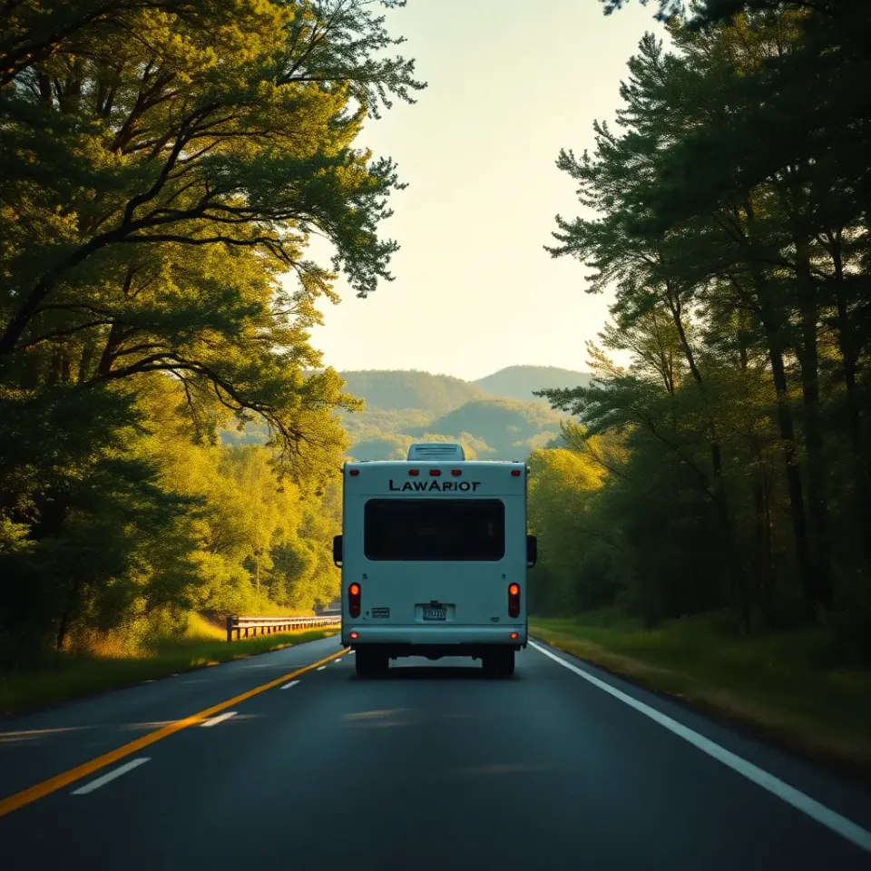 A motorhome on a green Georgia highway heading toward the southern Appalachian mountains