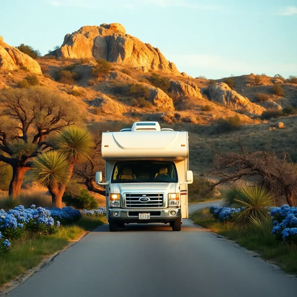A motorhome on a Texas Hill Country highway with wildflowers and rolling limestone hills