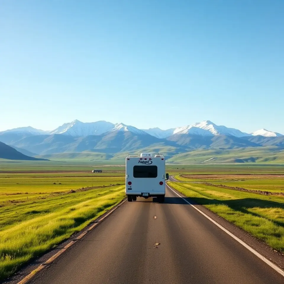 A motorhome on a Montana highway with wide-open valley and snow-capped Rocky Mountain peaks