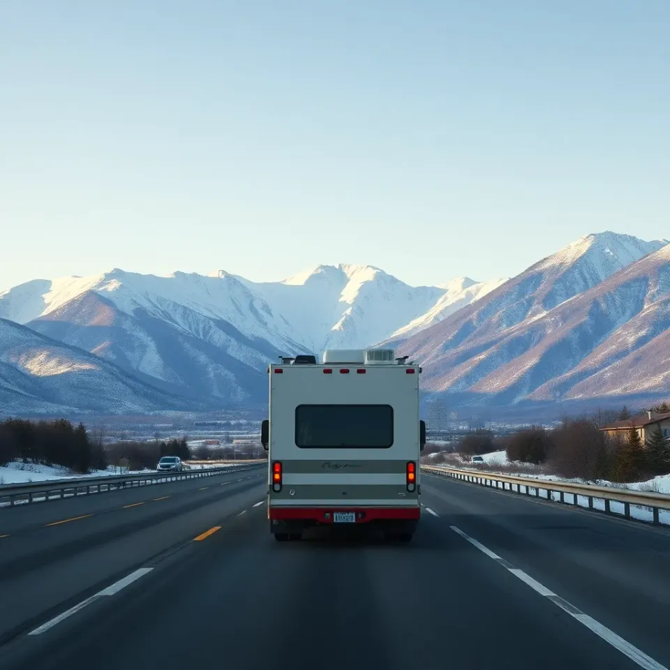 A motorhome on a highway leaving Denver toward the snow-dusted Rocky Mountain front range