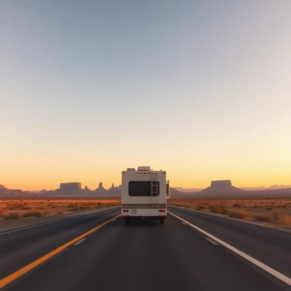 A Class C motorhome leaving Las Vegas on I-15 toward the red-rock desert Southwest