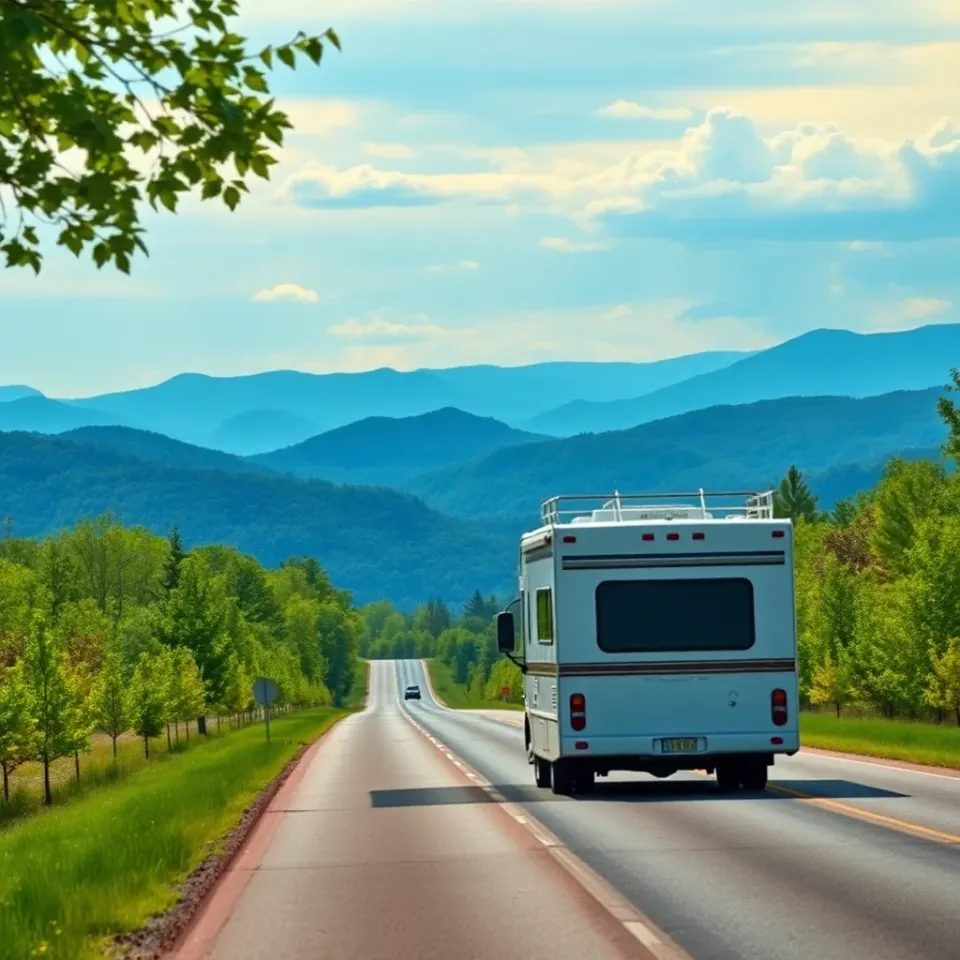 A motorhome on a Tennessee highway heading toward the blue Appalachian mountains