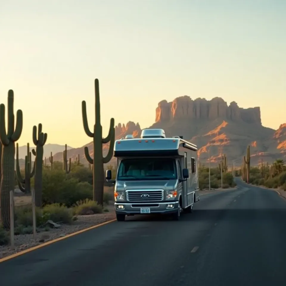 A Class C motorhome leaving Phoenix on the highway toward saguaro desert and red rock country