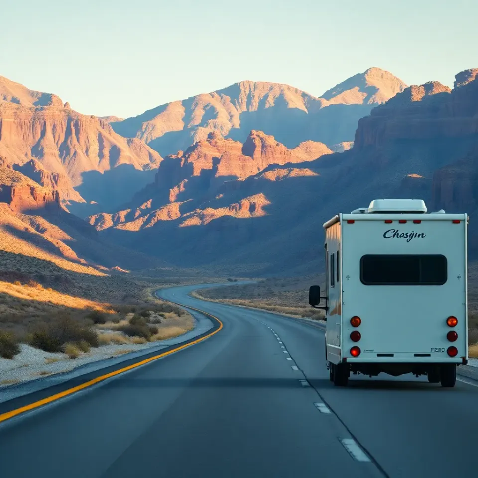 A motorhome leaving Salt Lake City on I-15 with the Wasatch Range behind and red-rock country ahead
