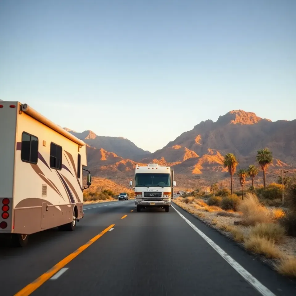 A motorhome on a Southern California highway between the coast and the desert mountains