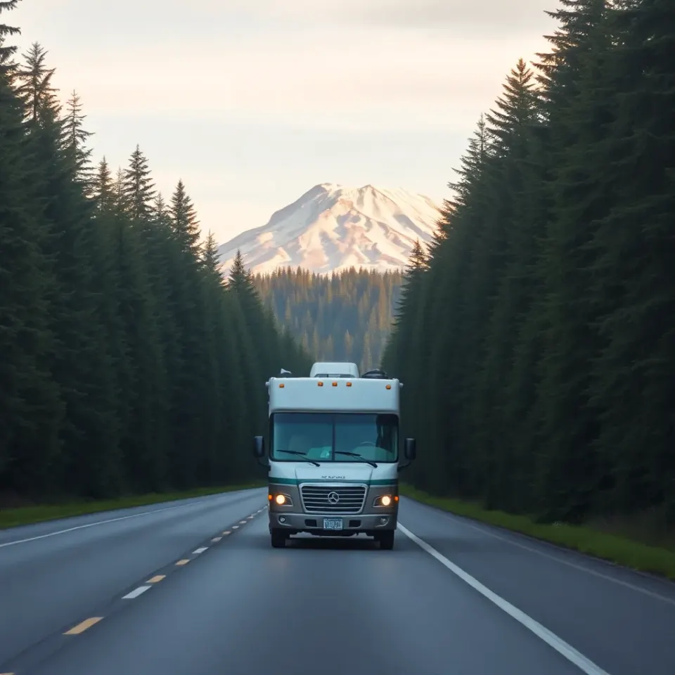 A motorhome on a Pacific Northwest highway with evergreen forest and a snow-capped volcano in the distance