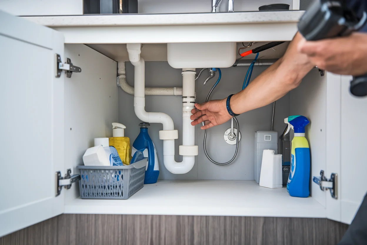 Inspecting under RV sink for water leaks and plumbing issues with flashlight