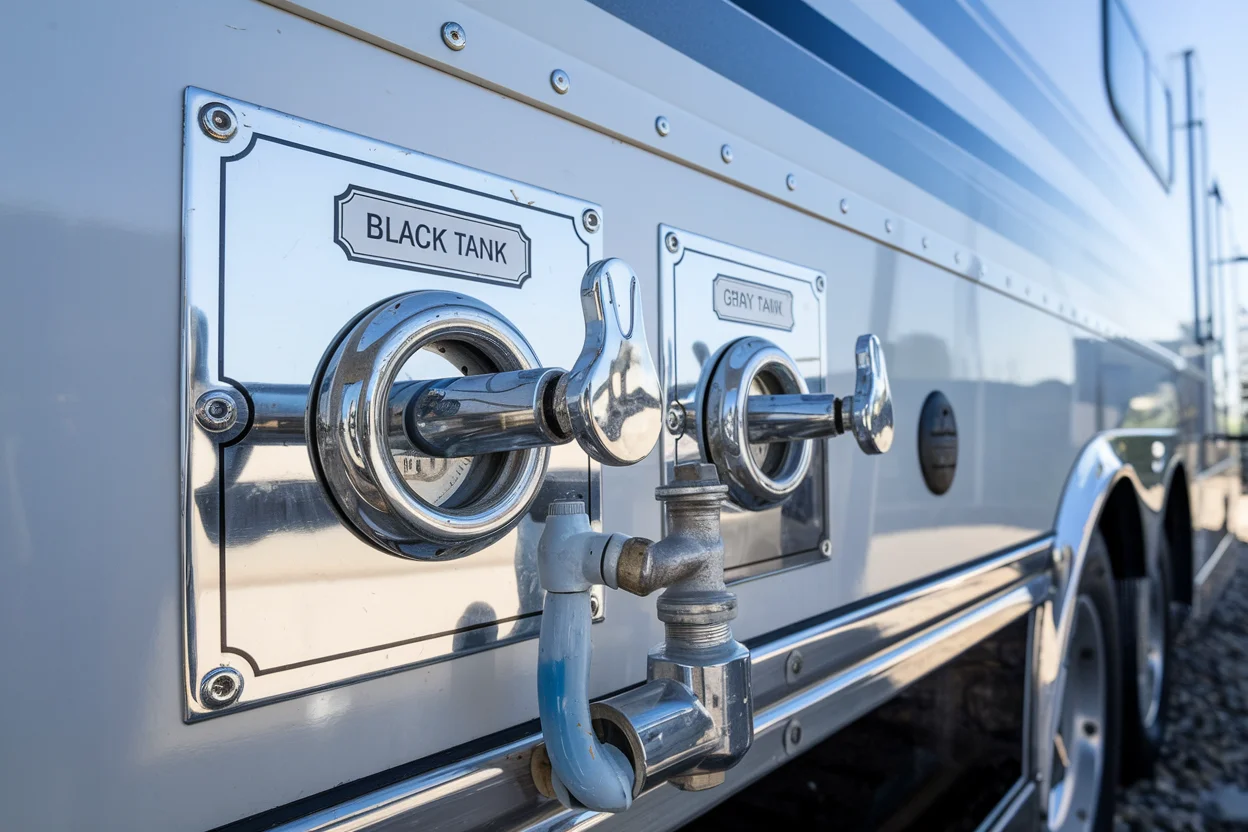 RV waste outlet panel showing labeled black tank and gray tank valves