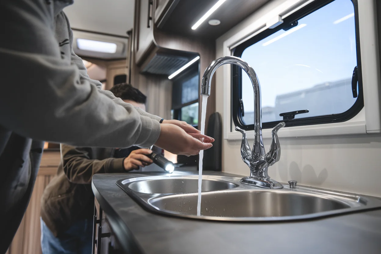 Testing RV water system by running faucet and checking for leaks during inspection