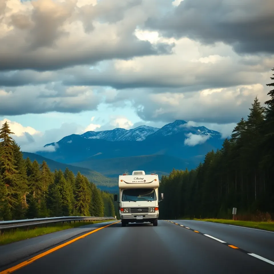 A motorhome on a Pacific Northwest mountain highway crossing forested country toward the Rockies