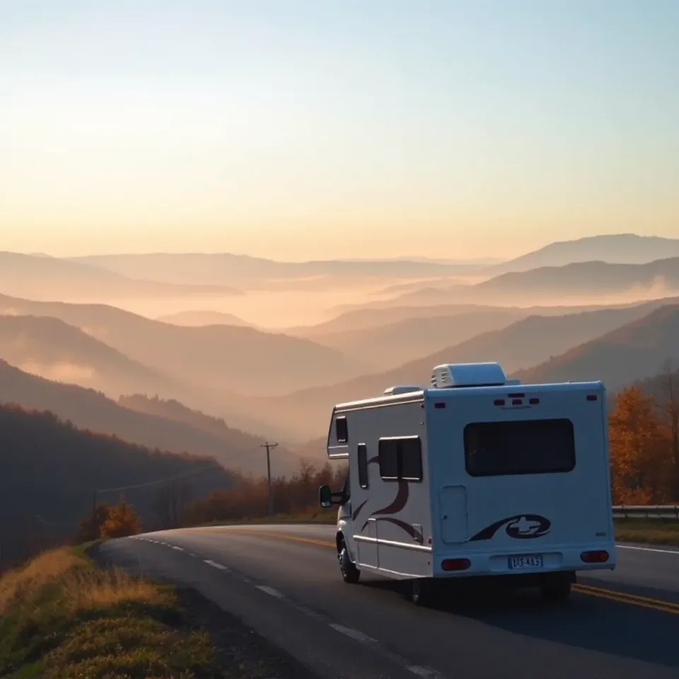 A motorhome on the Blue Ridge Parkway with layered misty Appalachian ridges at sunrise