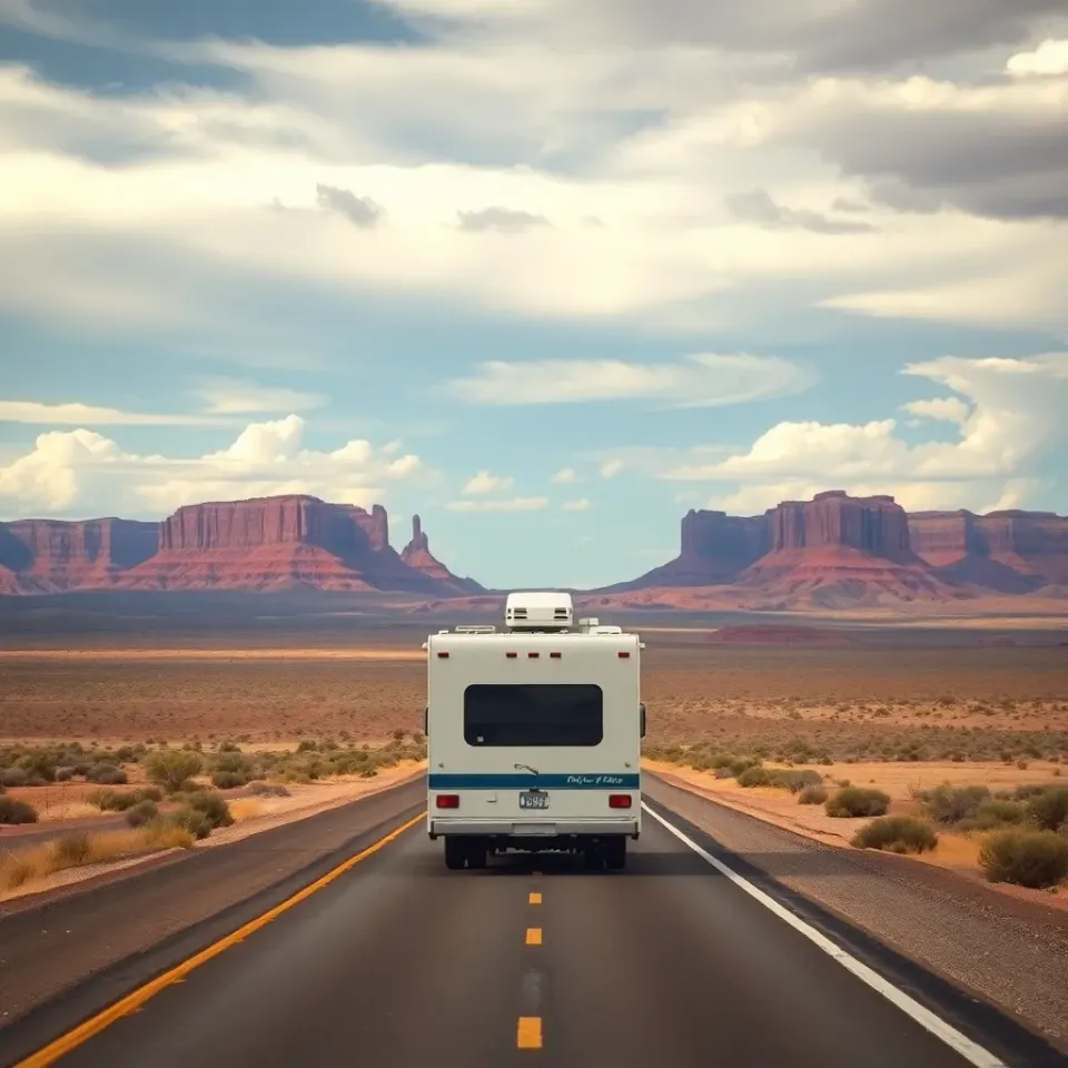 A motorhome on a red-rock Southwest highway heading toward distant mesas