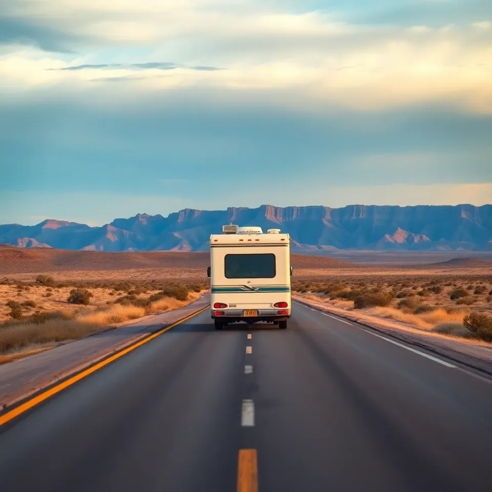 A motorhome on a lonely Texas highway heading toward the Big Bend desert mountains at golden hour
