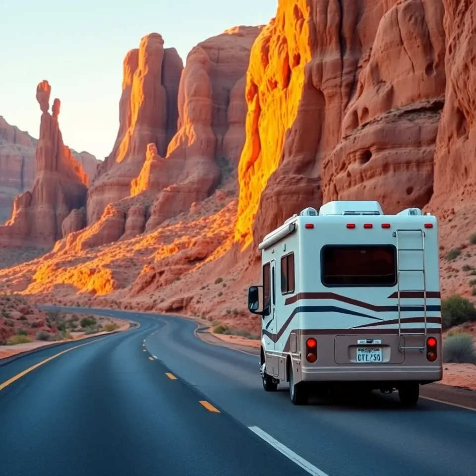 A Class C motorhome on Utah's Scenic Byway 12 between Bryce Canyon and Capitol Reef on the Mighty 5 route