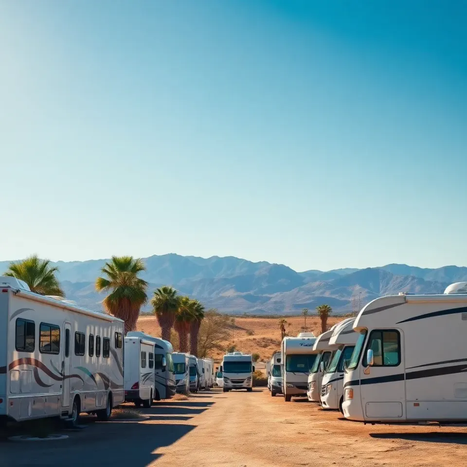 A motorhome parked at a sunny desert RV resort with palm trees and mountains in winter