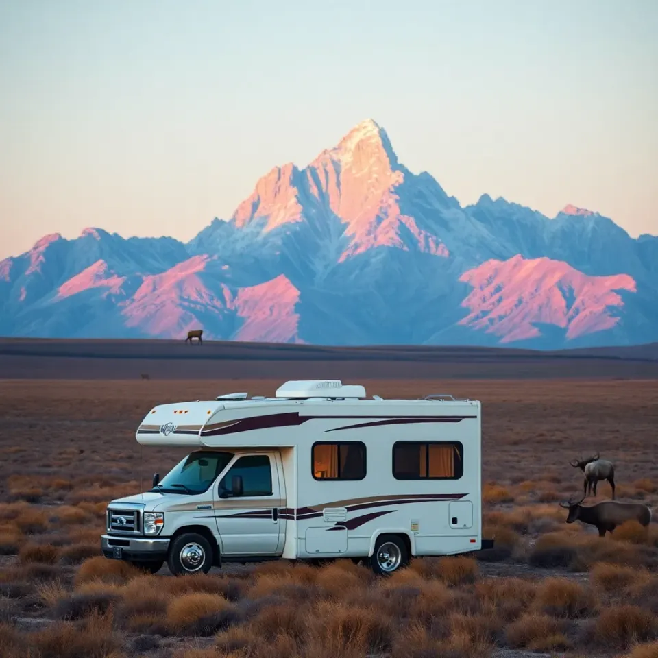 A Class C motorhome parked with the Teton range catching first light behind it